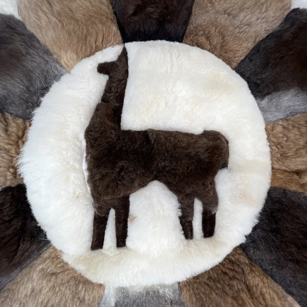 Vintage Alpaca Llama Fur Peruvian Round Handmade Hide Stitched Rug Wall Art  31